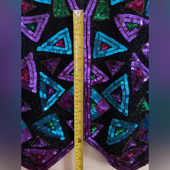 Lawrence Kazar Retro Vest Black Silk with Blue and Purple Sequins XL - Picture 2 of 6